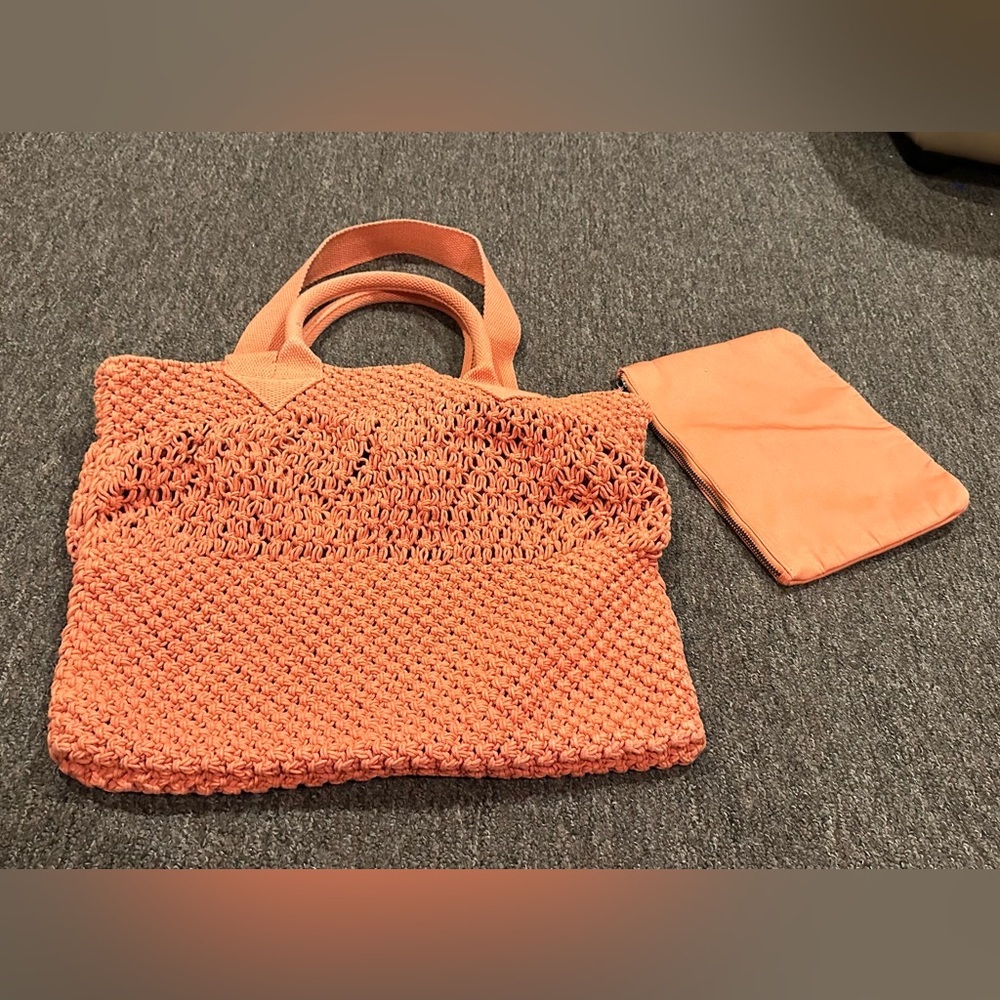 EUC NWT A New Day Macrame Crochet Tote Beach Bag with Pouch BOHO - Orange